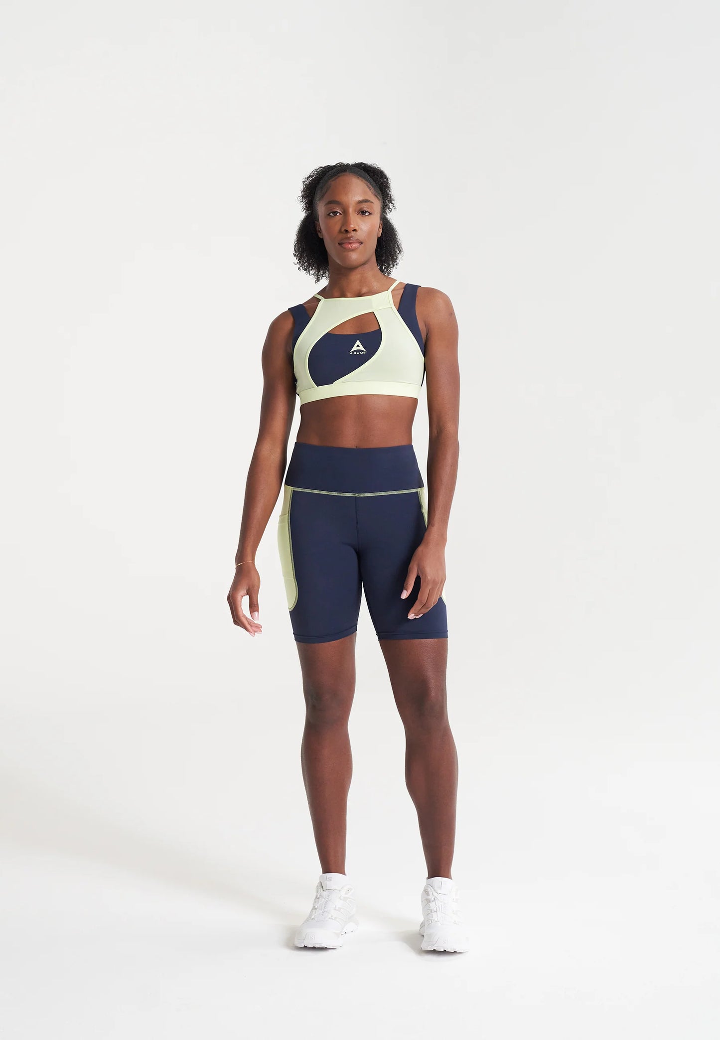 WOMENS A-GAME HIGH RISE BIKER SHORTS - NAVY/LIME