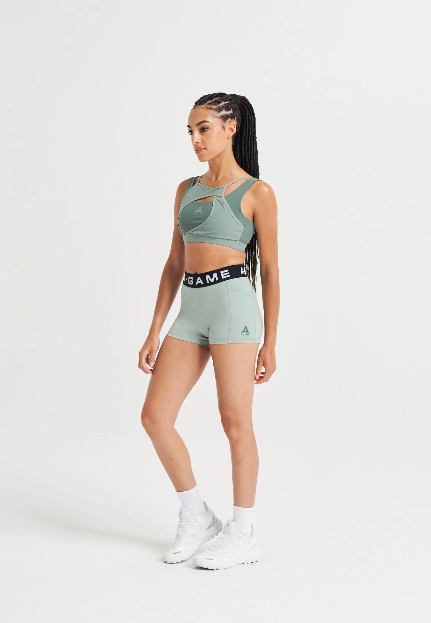 WOMENS A-GAME LOGO TRAINING CROPPED SHORTS - SAGE GREEN