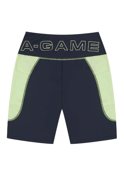 WOMENS A-GAME HIGH RISE BIKER SHORTS - NAVY/LIME