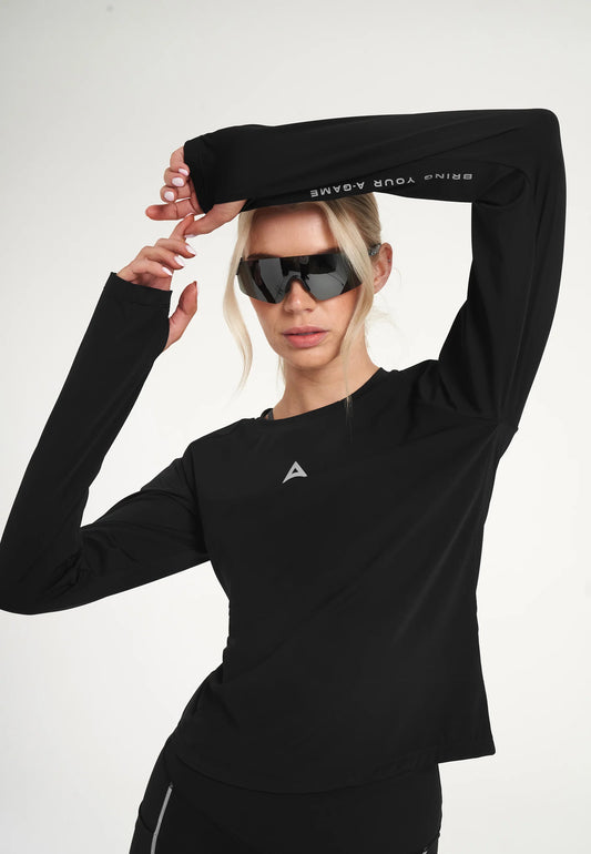 WOMENS A-GAME FITTED LONG SLEEVE TRAINING TOP - BLACK