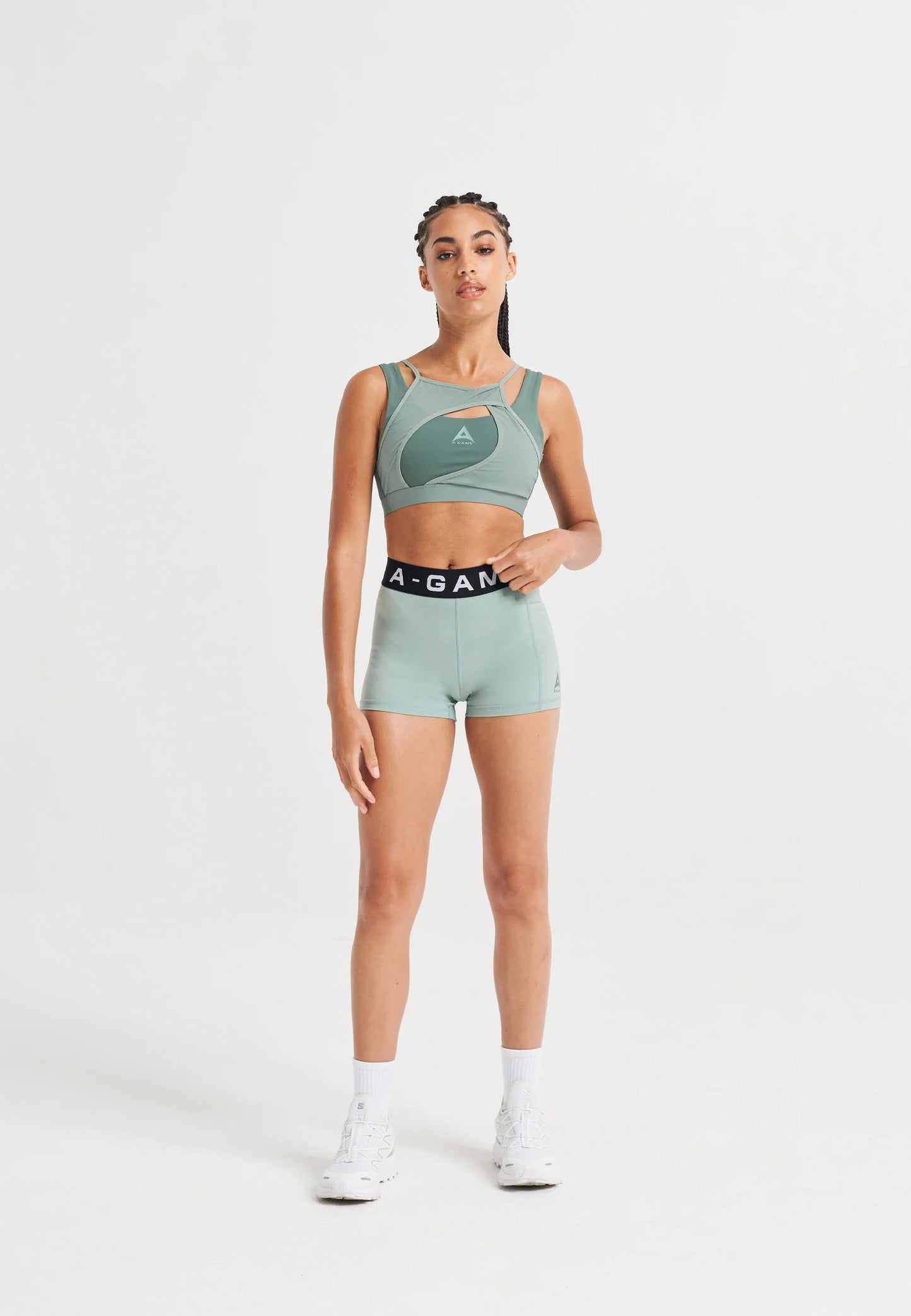 WOMENS A-GAME LAYERED SPORTS BRA - MINT GREEN/DARK GREEN