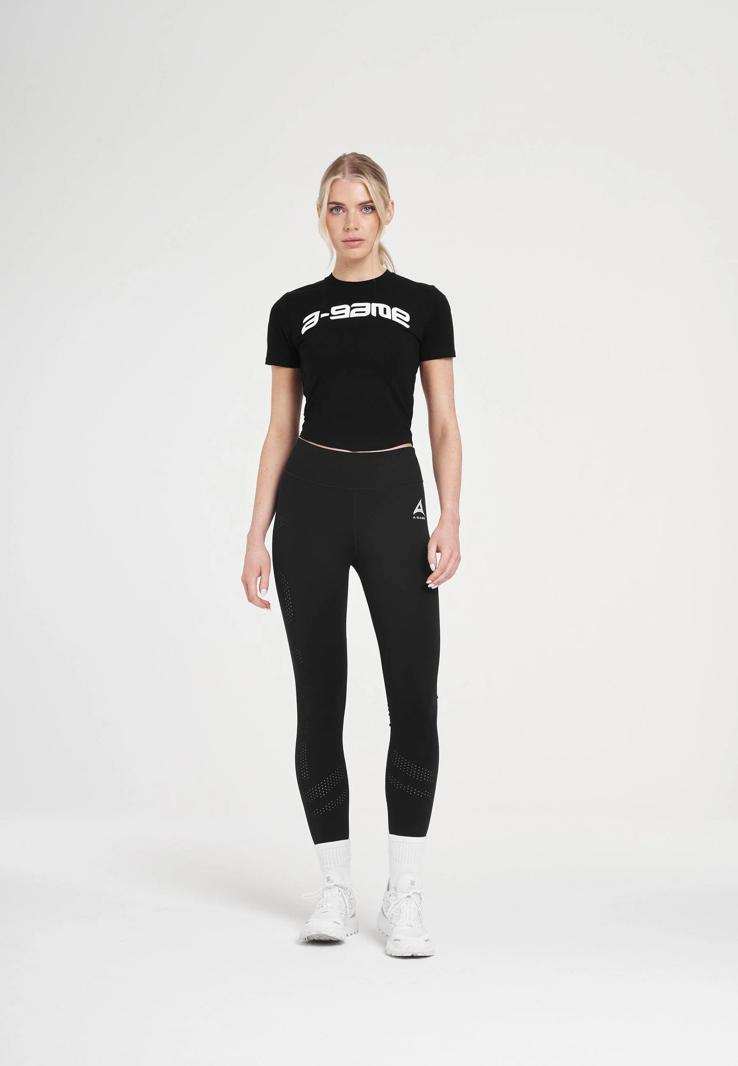 WOMENS A-GAME ROTATE LOGO FITTED T-SHIRT - BLACK